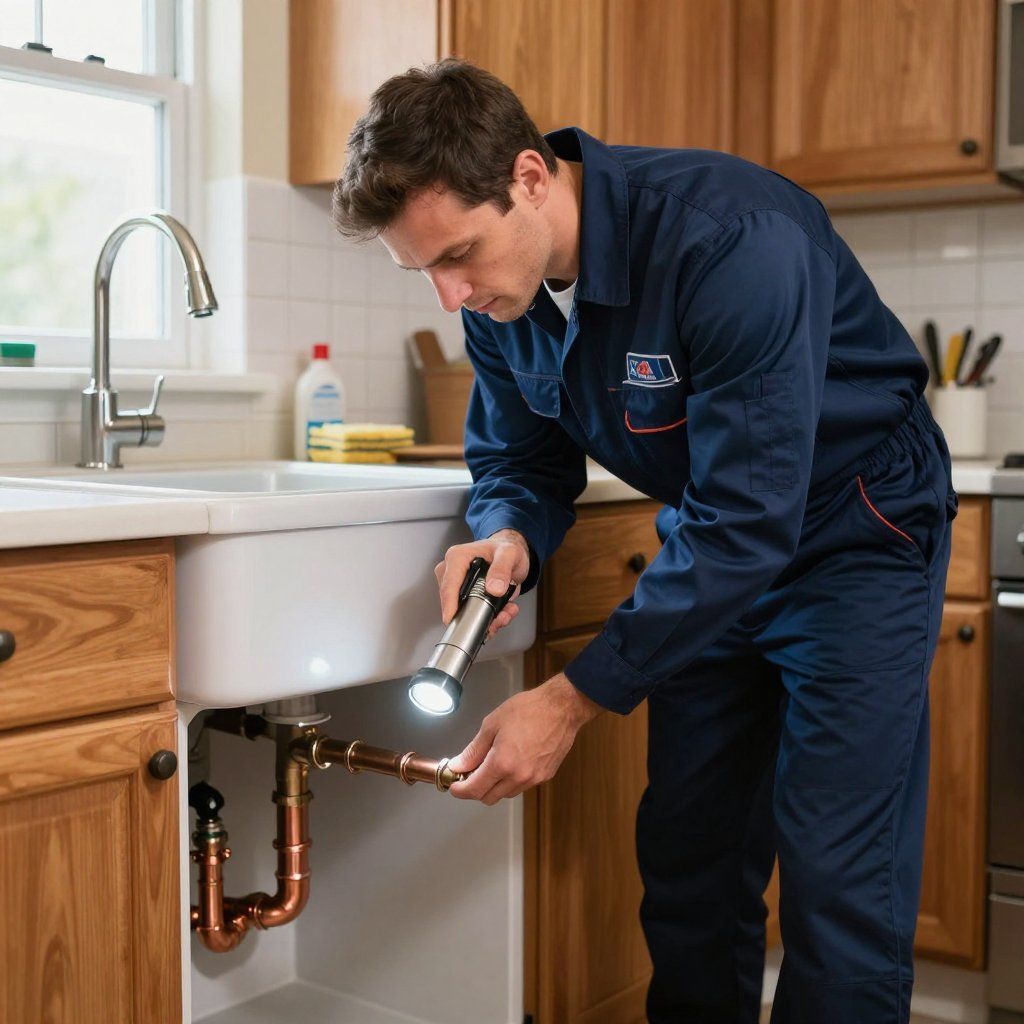 Plumber examining pipes under a kitchen sink with a flashlight.