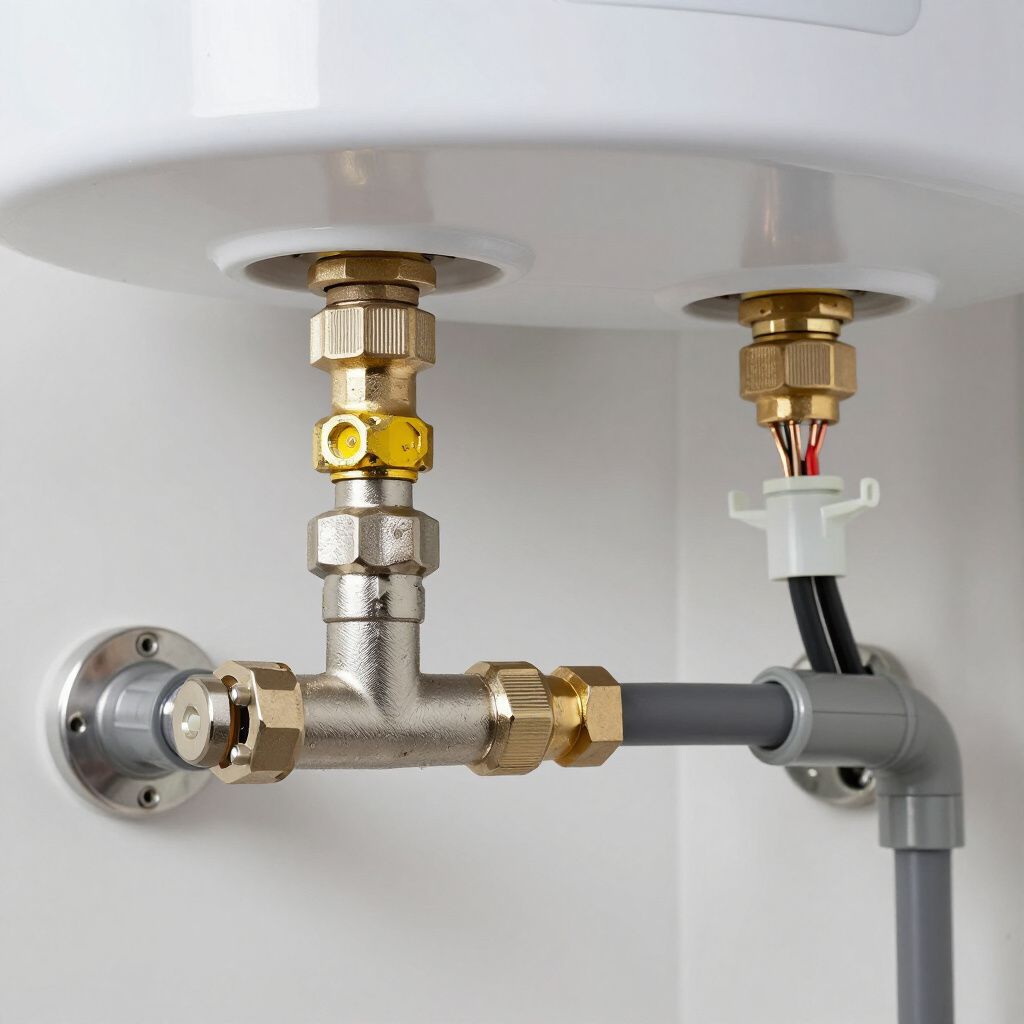 Pipes and electrical wiring connected to a white water heater, brass fittings, gray pipes, and a white plastic connector.