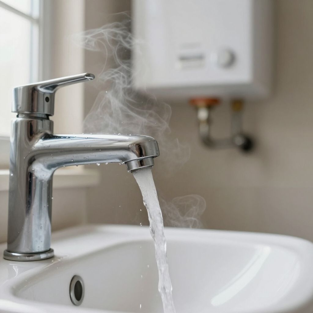 Faucet with running hot water, steam rising; bathroom sink, water heater in background.