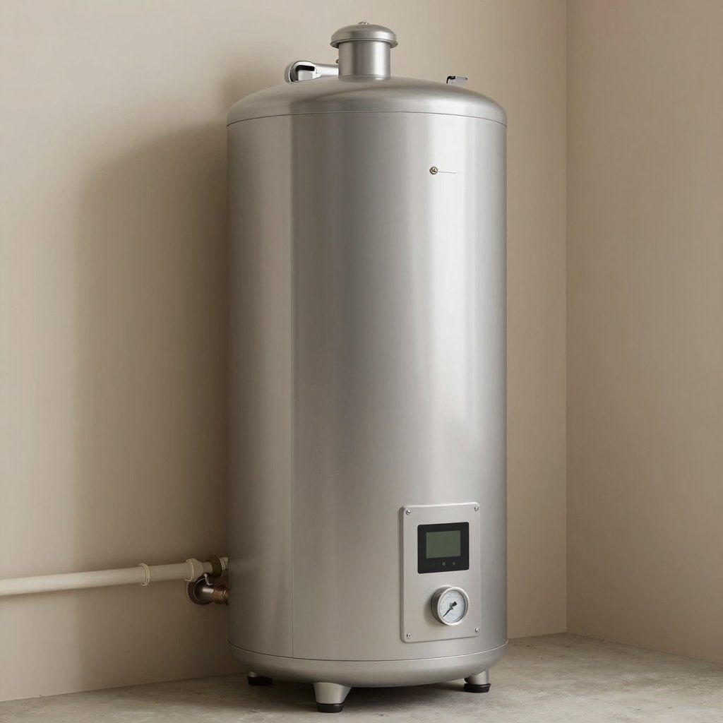 Stainless steel hot water heater in a corner, with a digital display and pressure gauge.