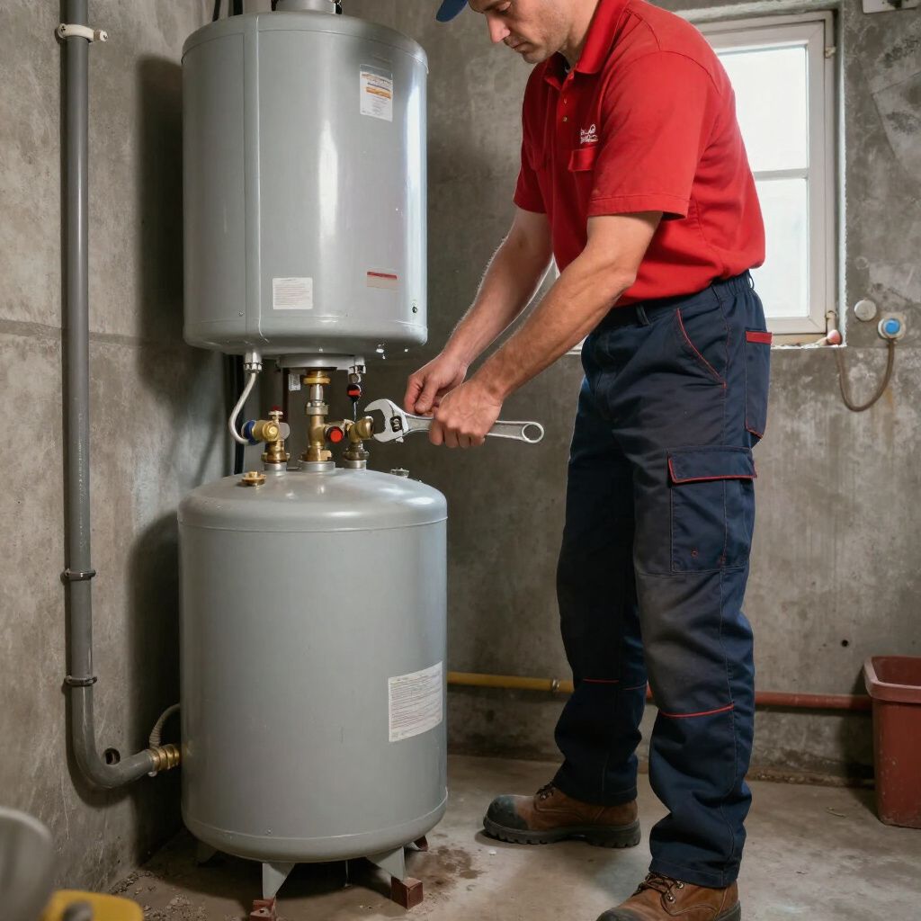 Plumber in red shirt and blue pants uses a wrench on water heater in a basement.