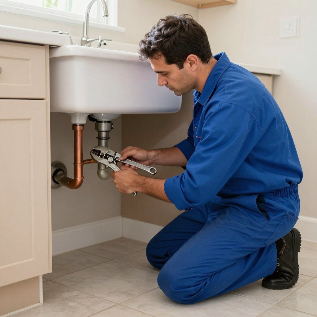 Plumber in blue coveralls kneels, using pliers on copper pipes under a white sink.