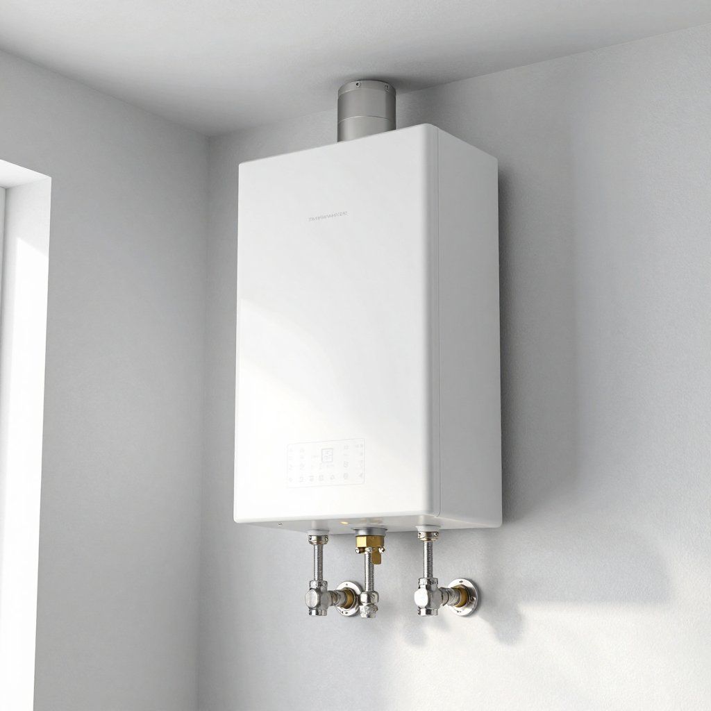 White wall-mounted gas boiler with two pipes and a flue against a white wall in a room.