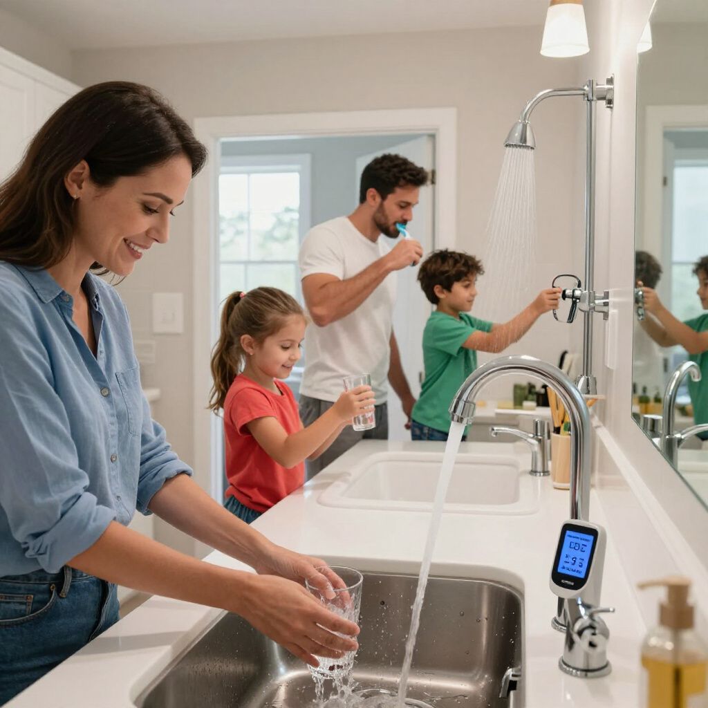 Family in a bathroom: woman washing hands, children drinking water, man brushing teeth, water flowing.