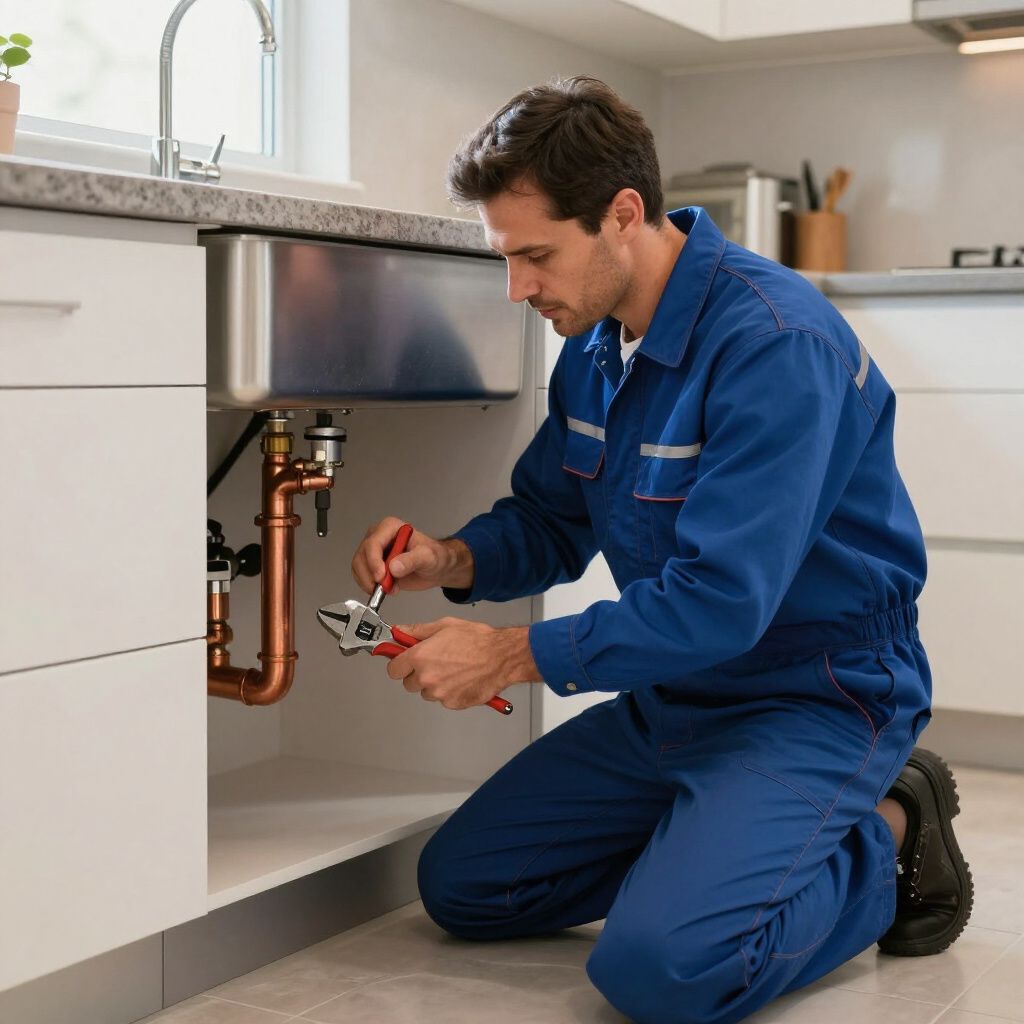 Plumber kneeling, working on copper pipes under a kitchen sink. Wearing blue overalls, using pliers.