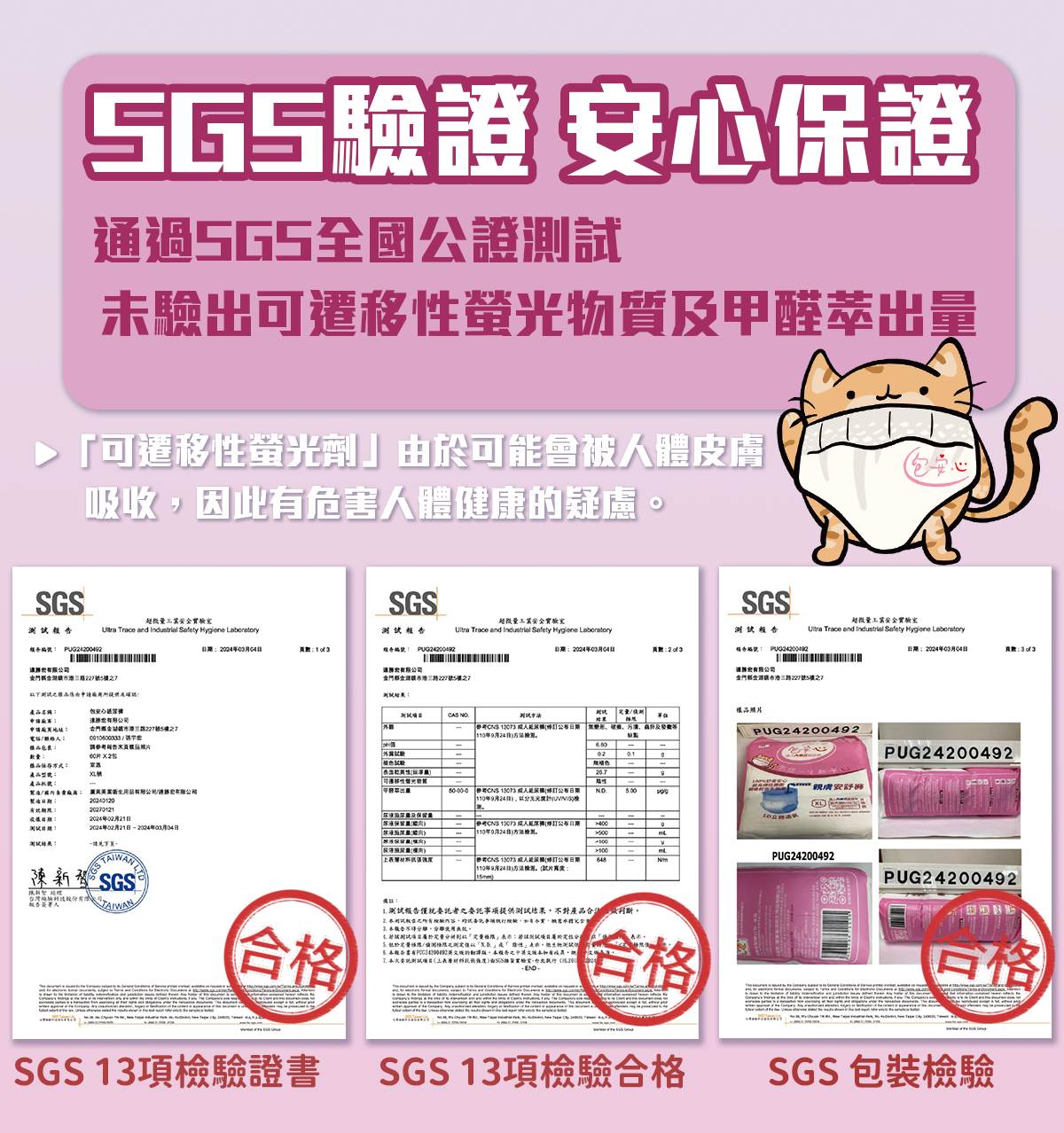 一張貓咪戴著口罩的照片，口罩上寫著“sgs”