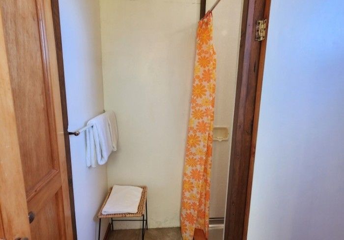 Small bathroom with shower curtain, towels, bench, and wooden door.
