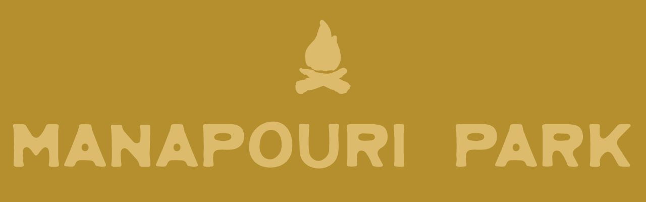 MANAPOURI PARK logo, dark text on cream background. Mentions cozy cottages, cabins in Manapouri.