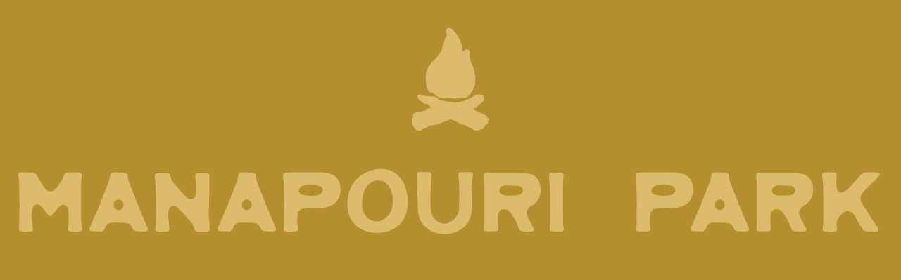 MANAPOURI PARK logo, dark text on cream background. Mentions cozy cottages, cabins in Manapouri.