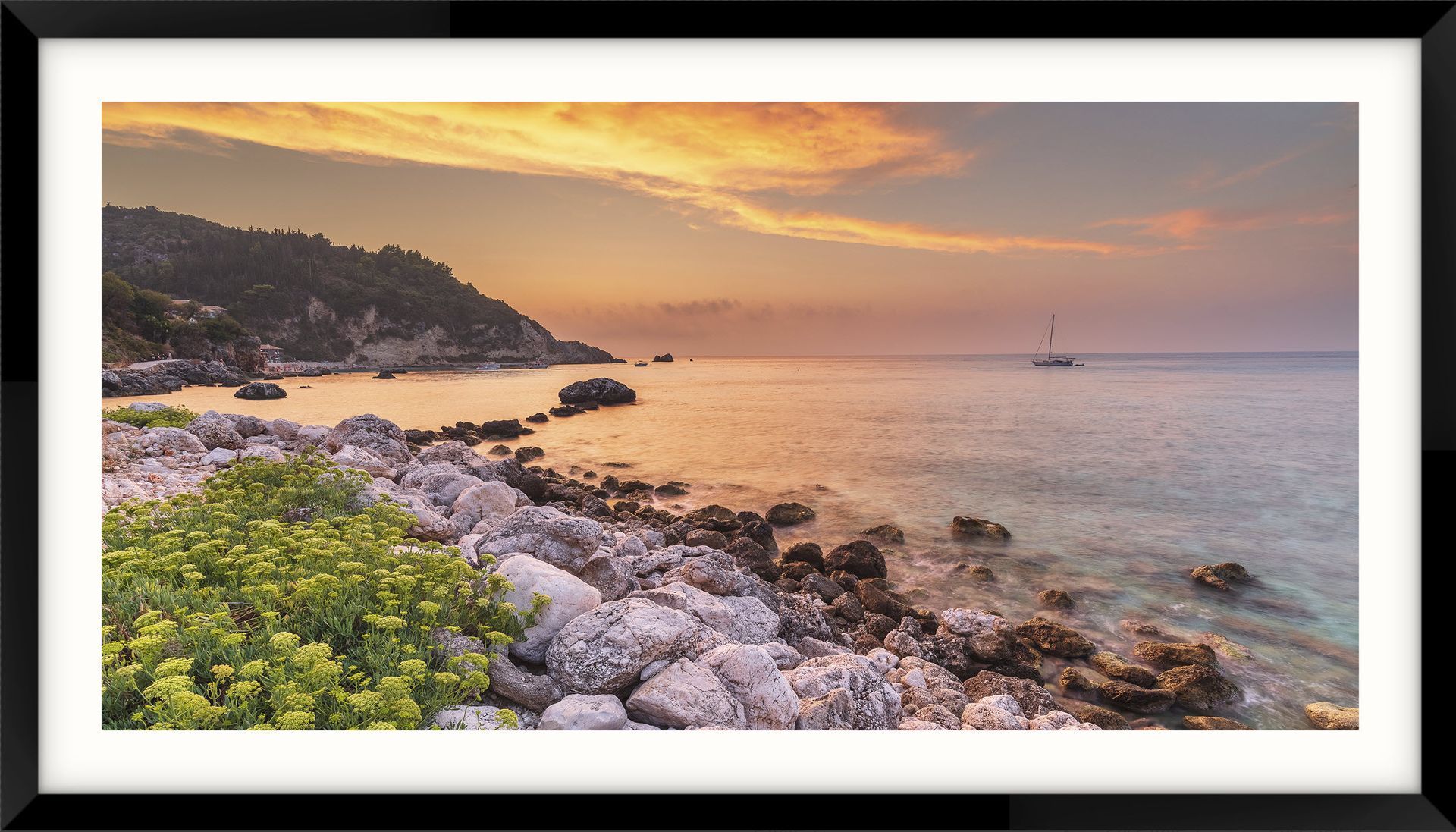 Lefkas Island, Agios Nikitas - Greece, a picture of a sunset over the ocean with a boat in the distance