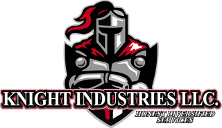 Knight Industries LLC logo: Knight in armor, red and silver with 