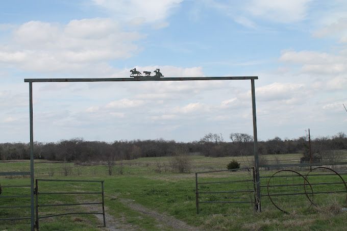 A gate in a grassy field with a blue sky in the background