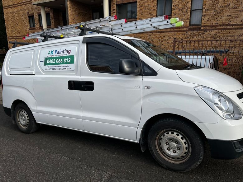 A parked van with a ladder on top is situated in front of a building.