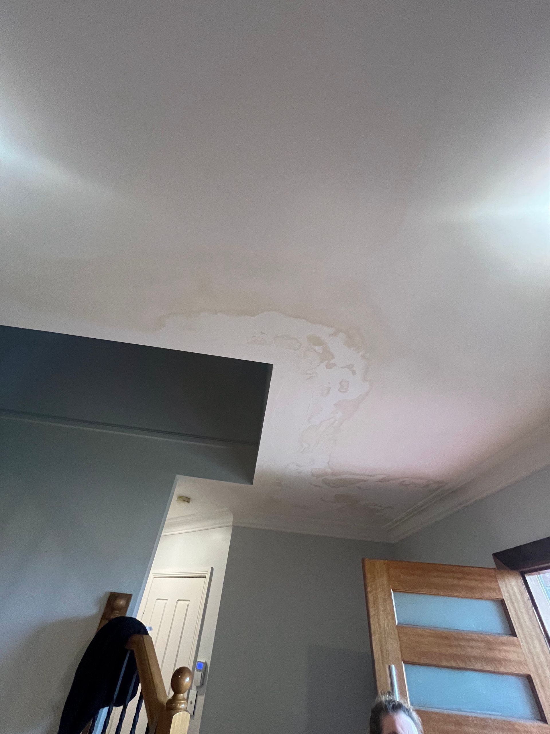 A large, discolored water stain on a residential ceiling above a stairwell and door.