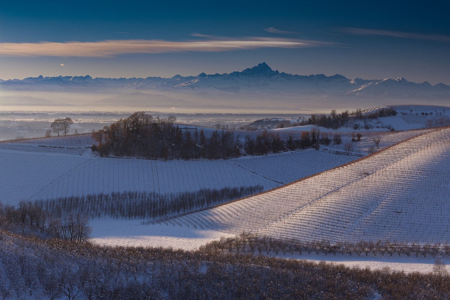 Snow-covered hills with vineyards in the foreground, mountains in the distance under a pale blue sky.