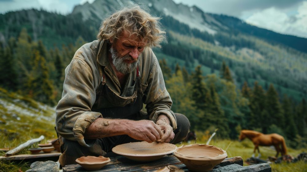 Man carving wood bowls outdoors, mountains and a horse in the background.