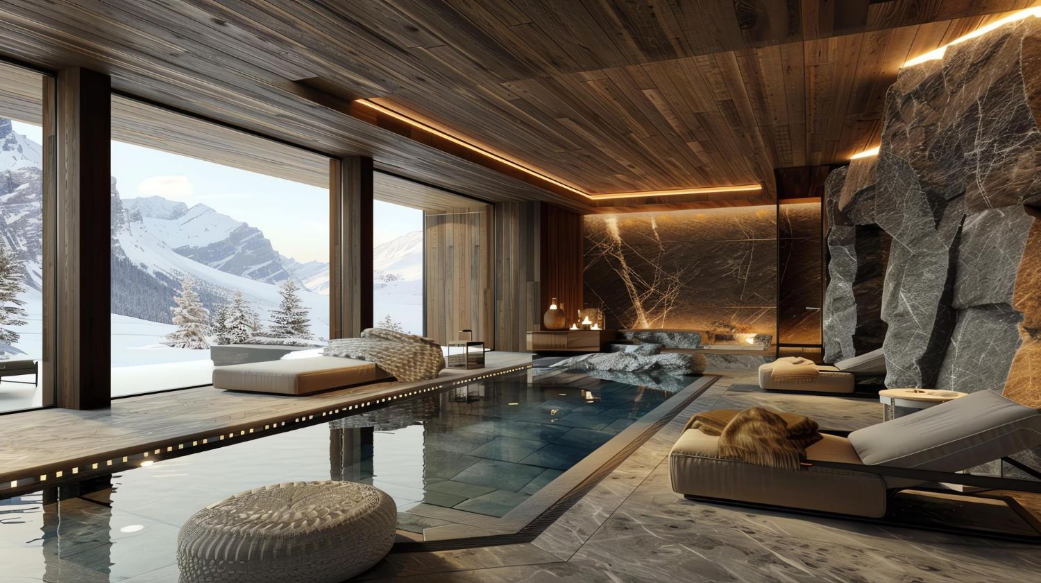 Indoor pool in a luxurious spa with mountain views; wooden ceiling, stone walls, lounge chairs.