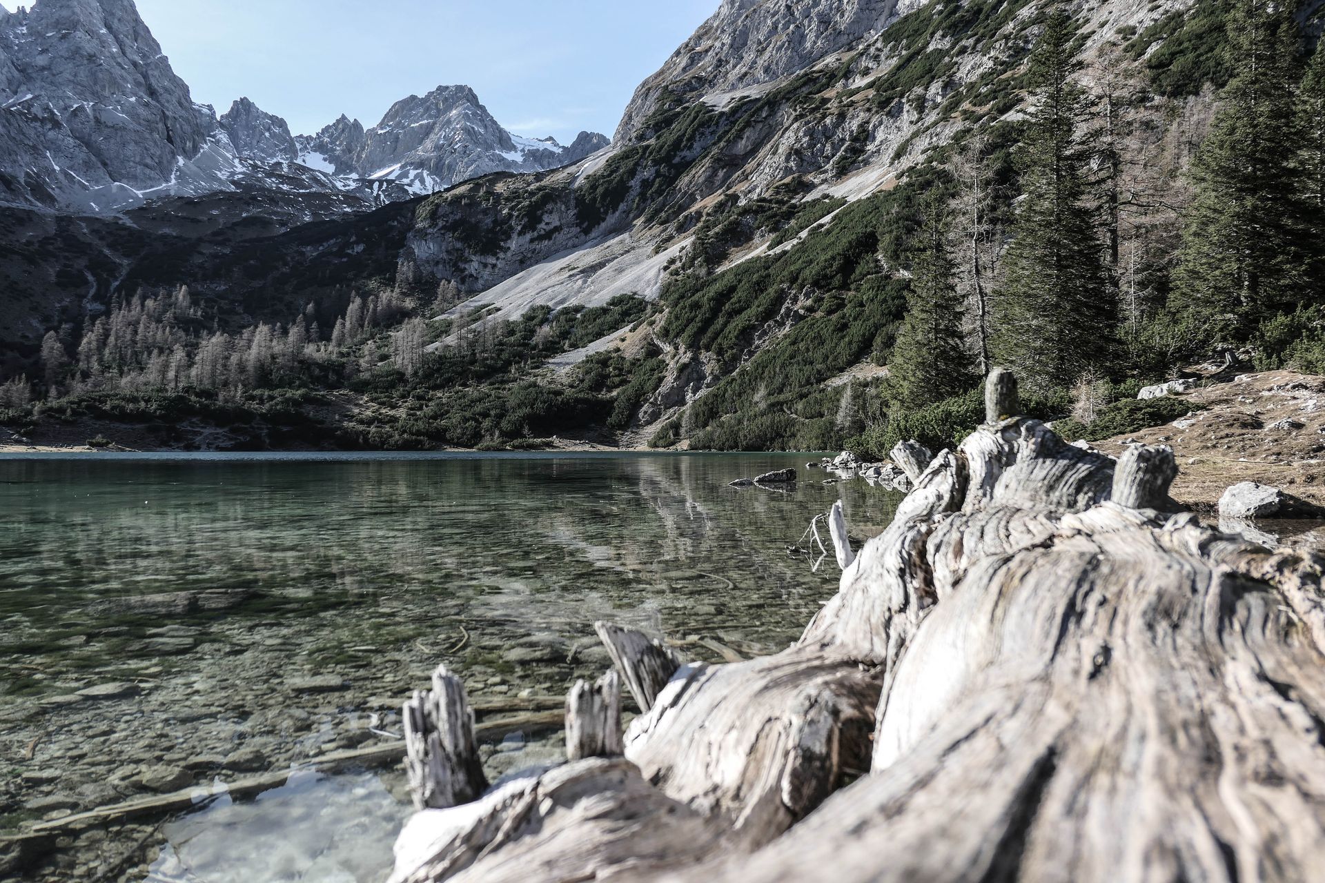 A mountain lake with clear water and a fallen log in the foreground, mountains in the background.