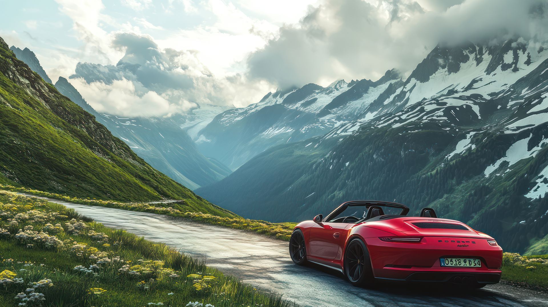 Red convertible sports car on a winding mountain road, green hillside, snow-capped peaks in background.