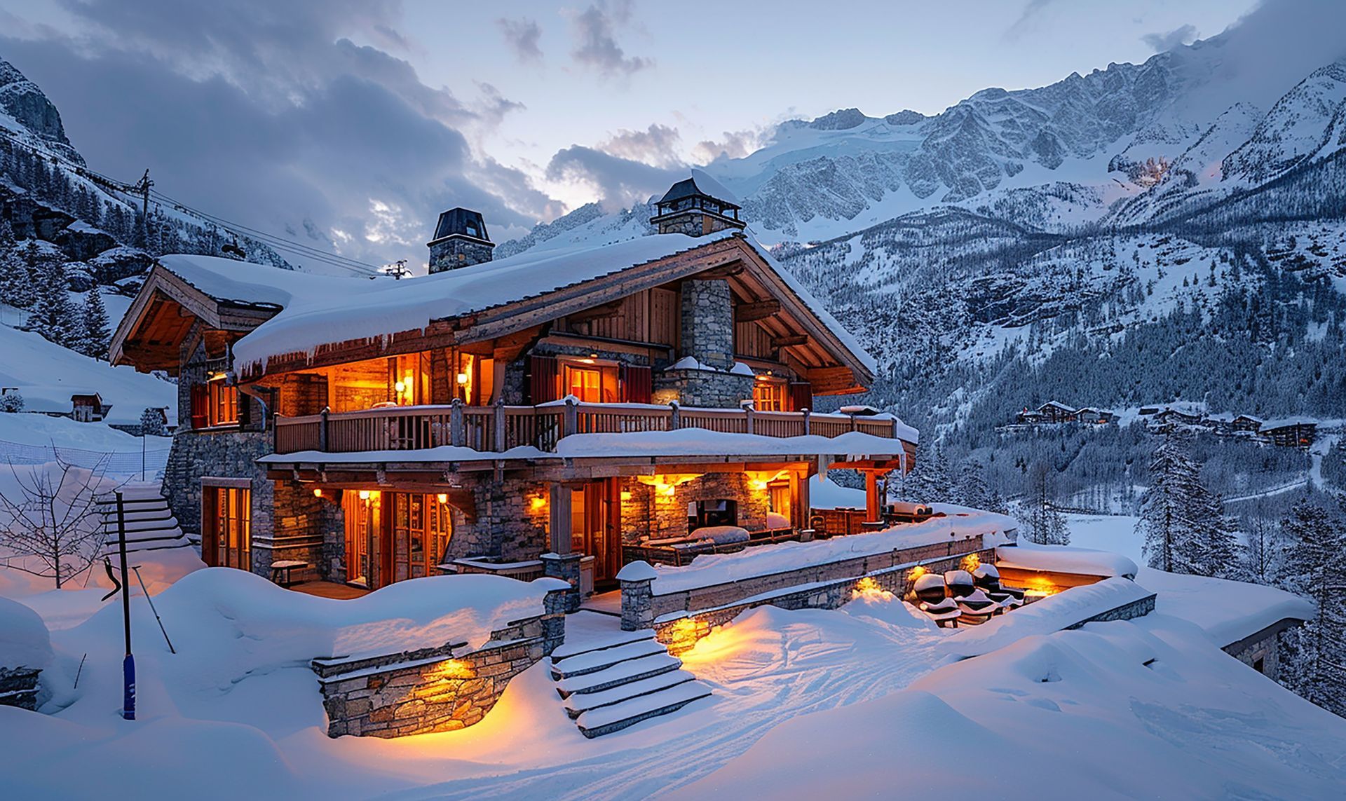 Snow-covered wooden chalet with lit windows nestled in a mountain range at dusk.