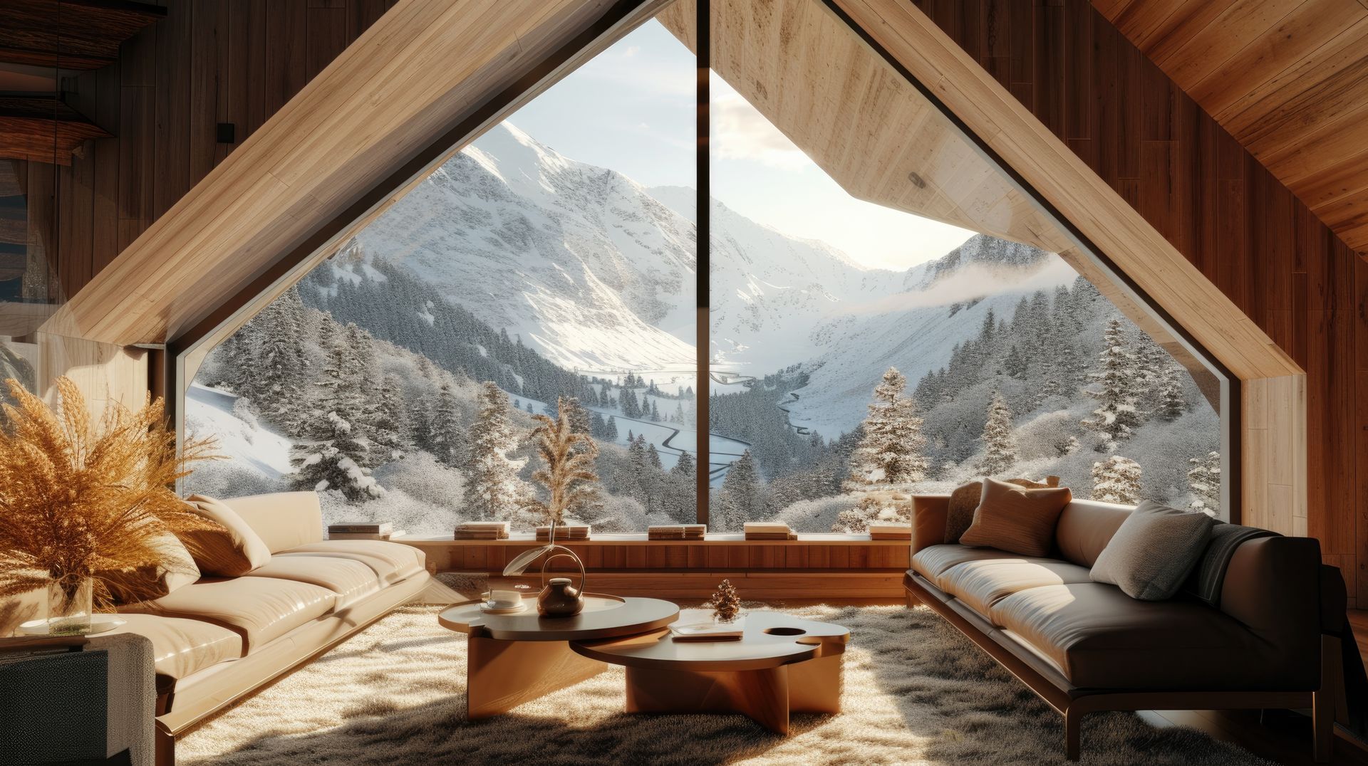 Cozy cabin living room with large mountain view window, neutral tones, two sofas, coffee table, snow-covered mountains.