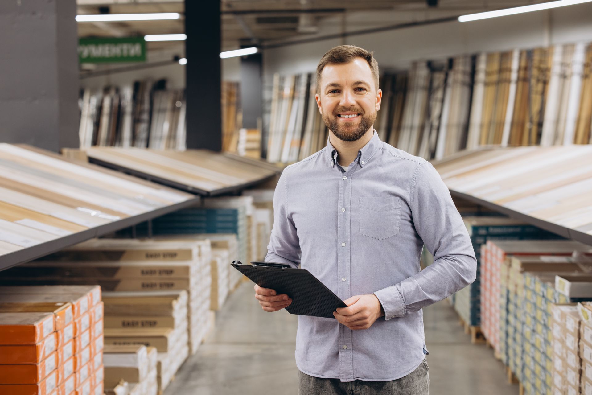 A man is holding a clipboard in a flooring store.