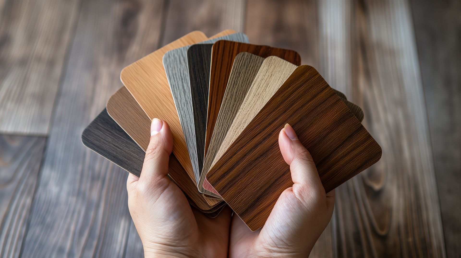 Hands holding a fan of wood flooring samples on a rustic wooden surface