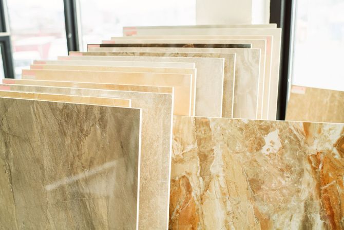 Rows of beige and tan tile samples in a showroom setting.