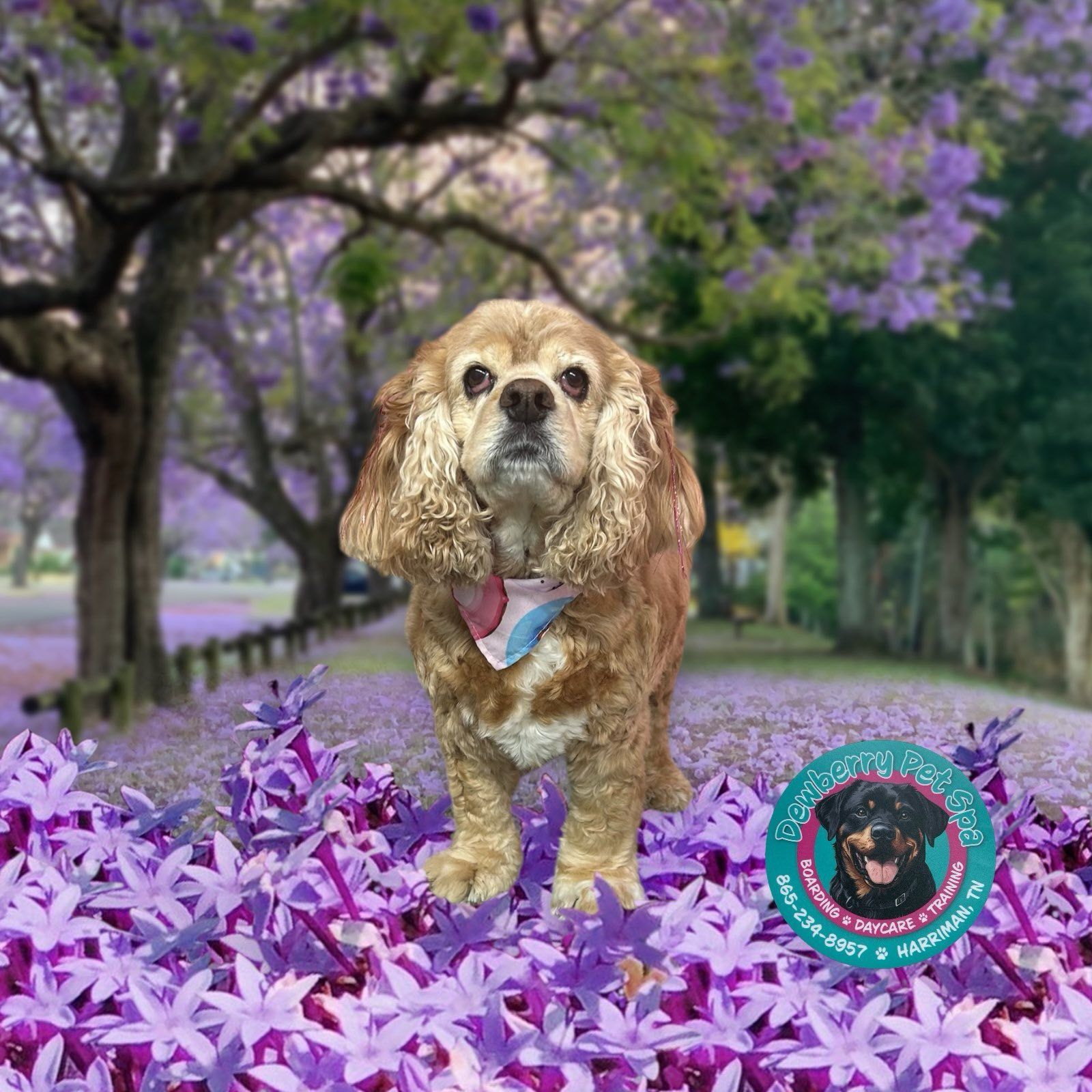 A cocker spaniel is standing in a field of purple flowers.