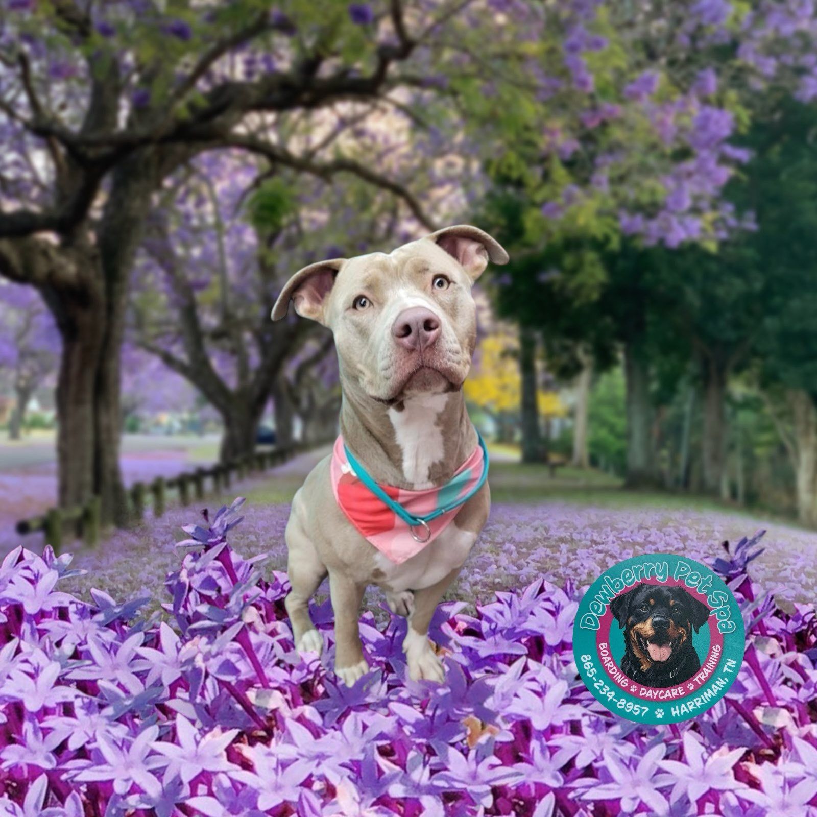 A dog wearing a bandana is standing in a field of purple flowers.