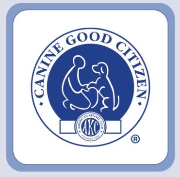A canine good citizen logo with a man and a dog