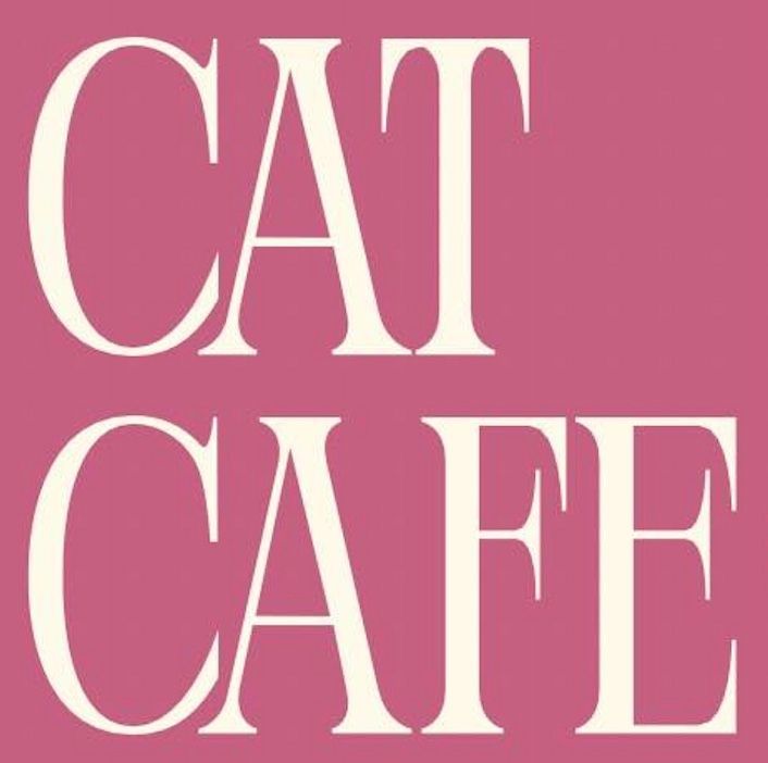 A pink and white logo for cat cafe