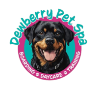 A logo for dewberry pets spa boarding daycare training