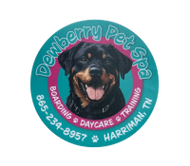 A picture of a dog in a circle that says dewberry pets spa