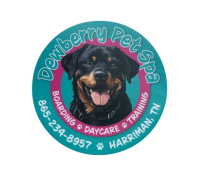 A picture of a dog in a circle that says dewberry pets spa