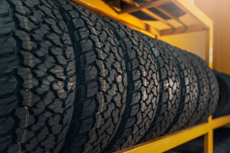 Close-up of stacked car tires on a yellow rack.