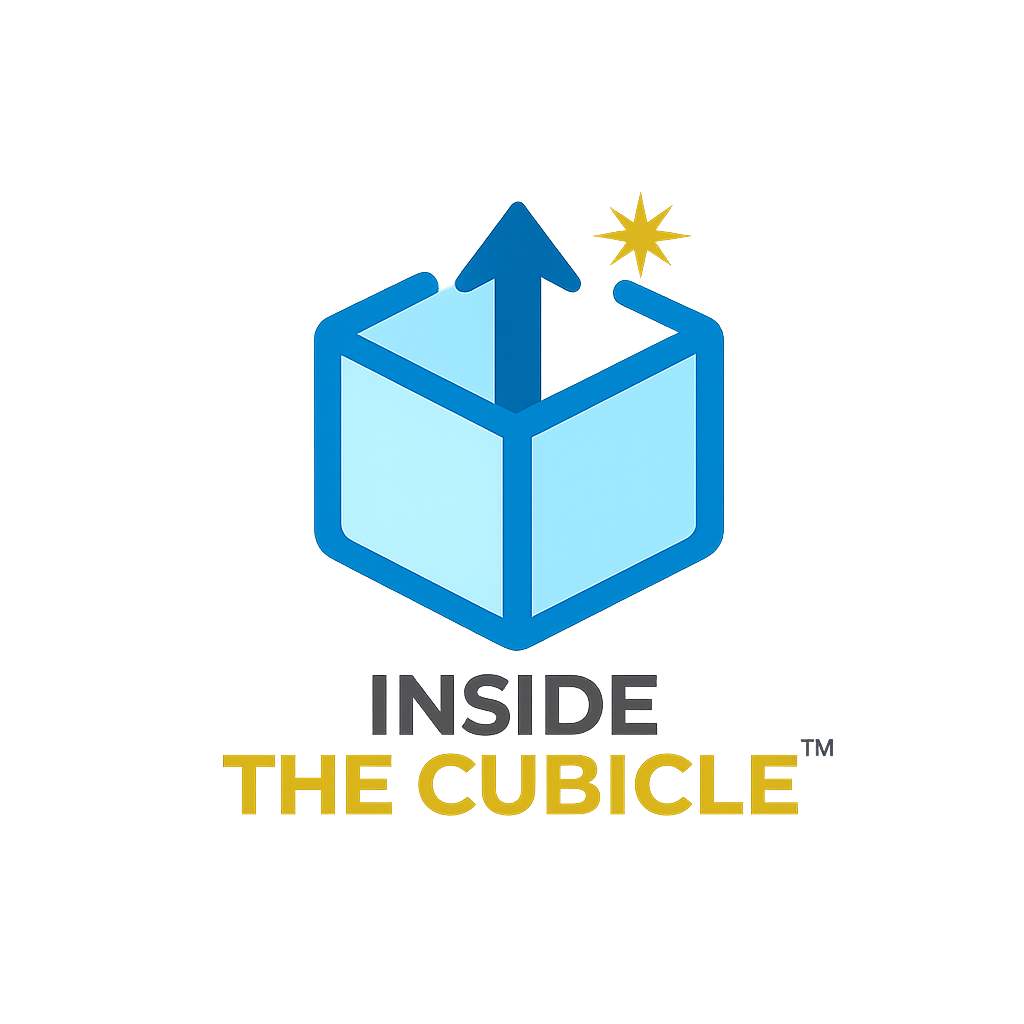 Logo: "Inside the Cubicle" podcast. Keyhole design with brain icon, gears, and text "Unlocking Career Secrets From the Inside".