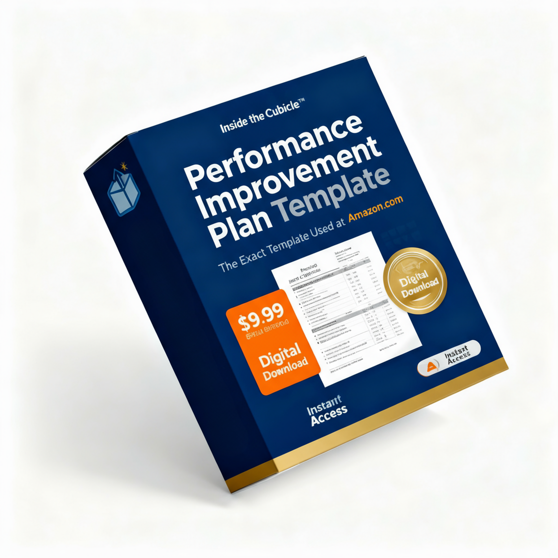 Dark blue Performance Improvement Plan Template box, gold trim, priced at $9.99 with instant access.