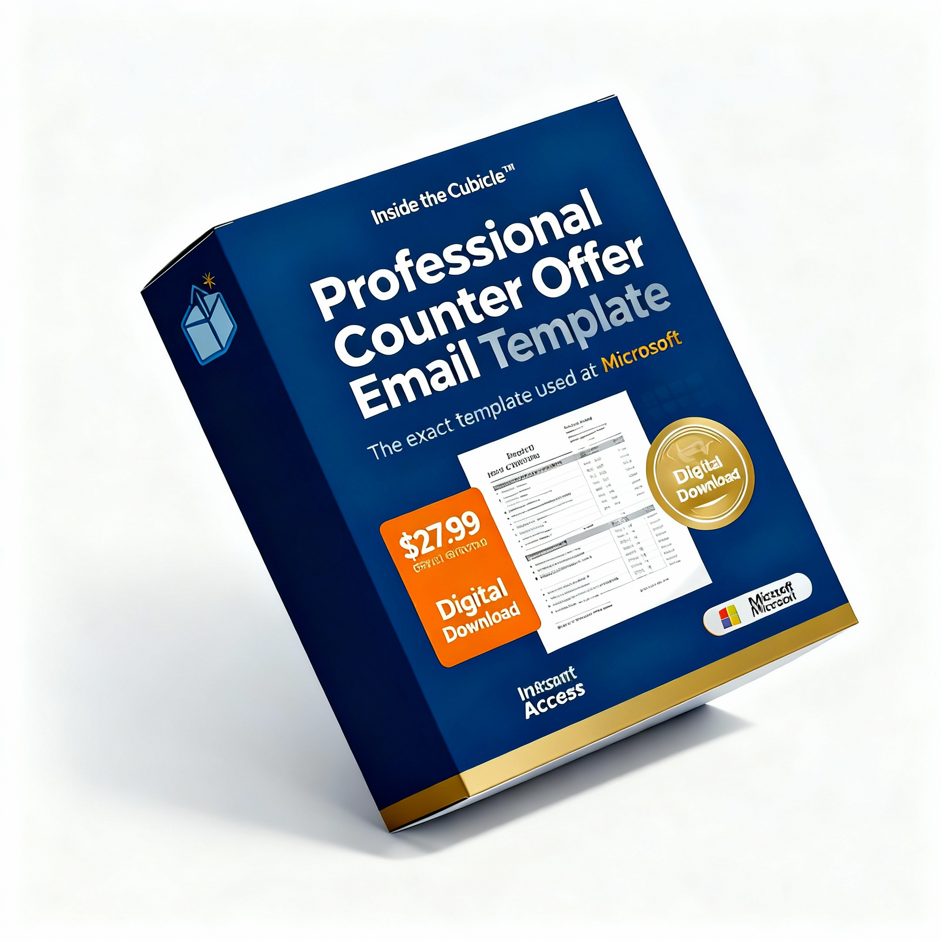 Professional counter offer email template product box. Blue and gold with digital download and Microsoft support.