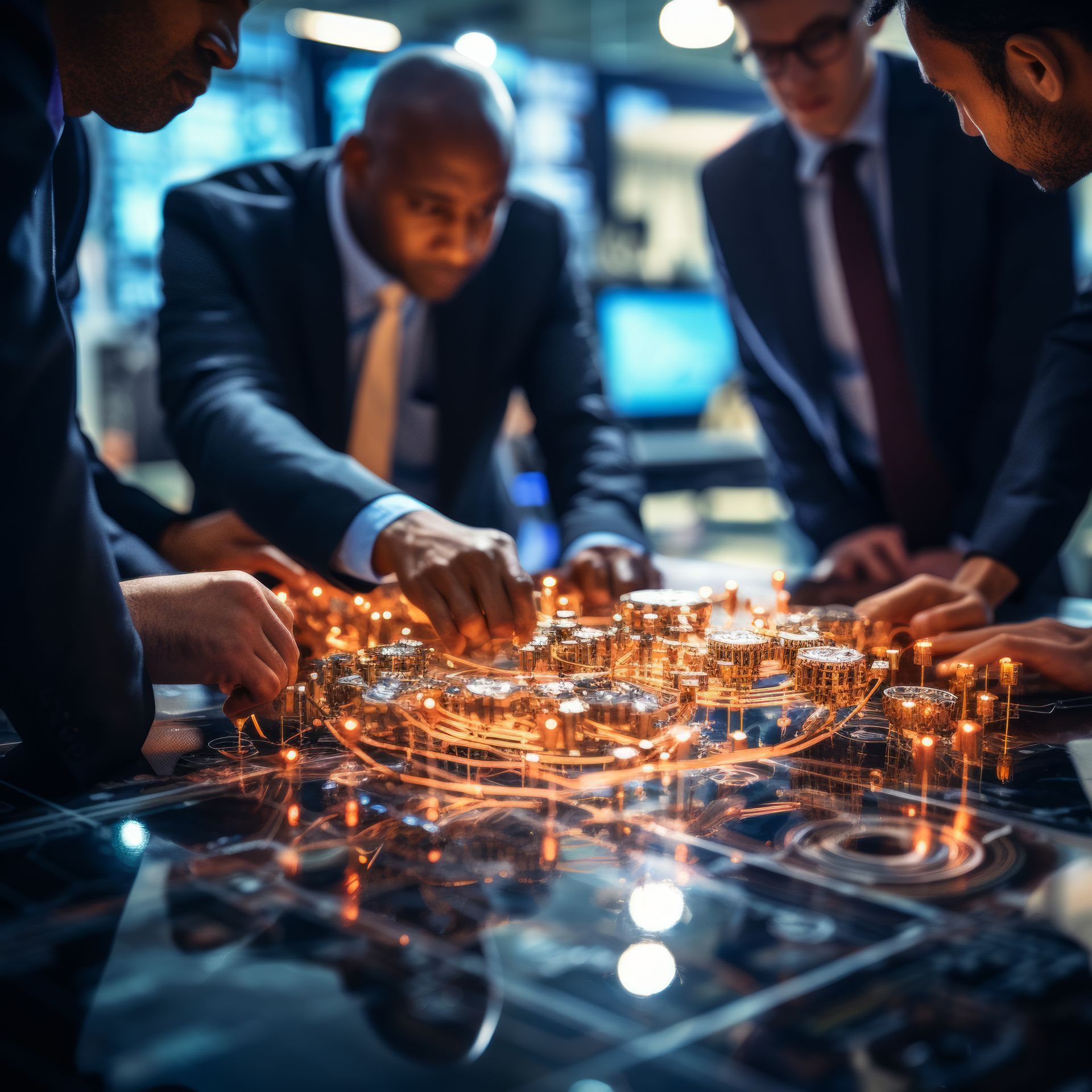 A group of men are playing with a model of a city on a table.