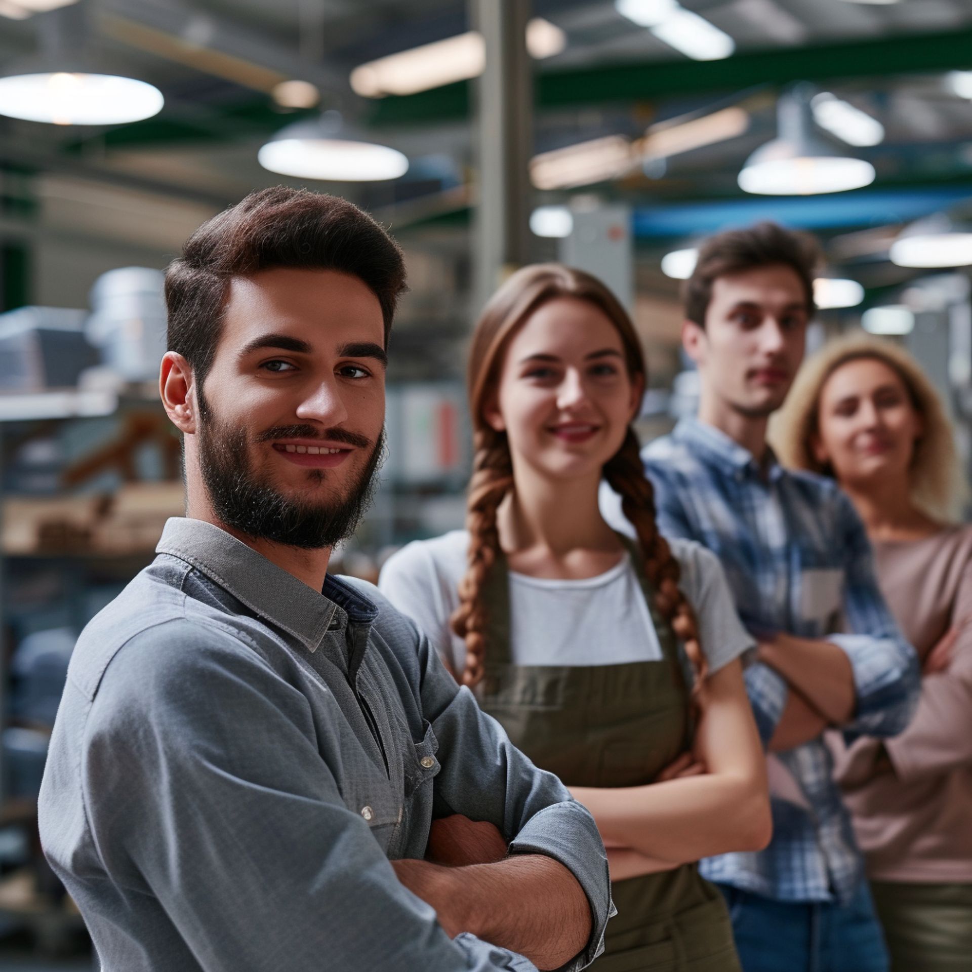 A group of people are posing for a picture in a factory.