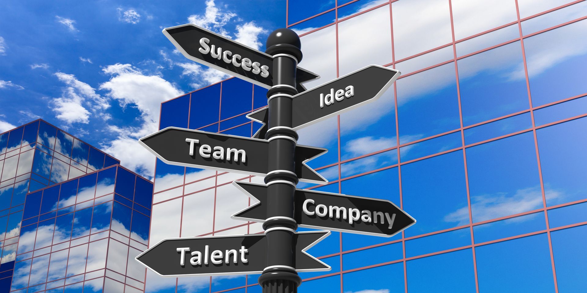 A signpost with arrows pointing to success team idea company and talent