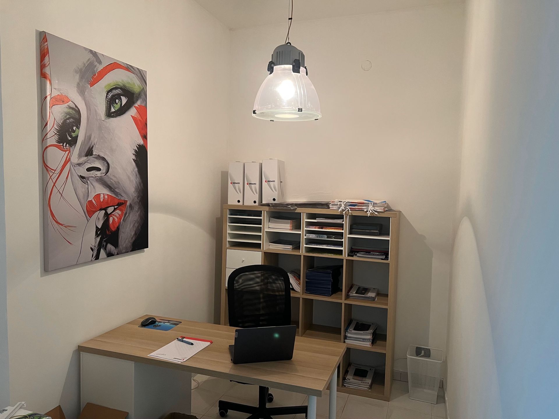 Ufficio in casa con scrivania, scaffali, opere d'arte e lampada da soffitto.