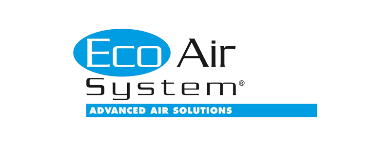 Logo di EcoAir, azienda che offre soluzioni avanzate per la climatizzazione. Presenta un ovale blu con la scritta 
