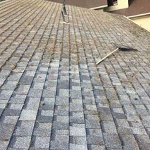 Close-up view of an asphalt shingle roof, showing wear and tear with a broom resting on it.