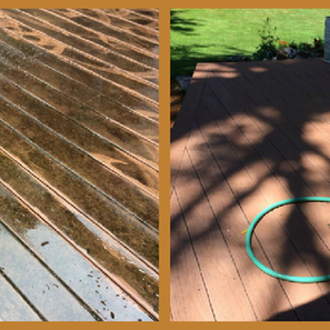 Deck cleaning comparison: Left side shows dirty, mossy deck. Right side shows clean deck.