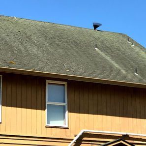 Yellow house with a mossy roof and a blue sky.