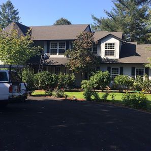 White house with black roof, trees, and shrubs in front of a black driveway under a blue sky.