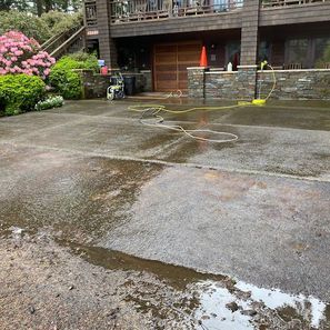 A driveway being pressure washed; water covers the asphalt. A house with a wooden facade is in the background.