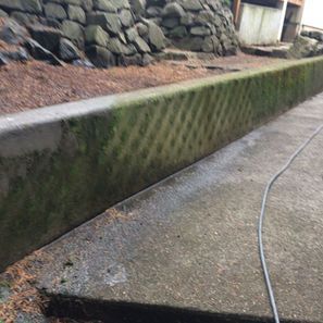 Concrete wall covered in moss; a stone wall is in the background. A hose runs across the concrete.